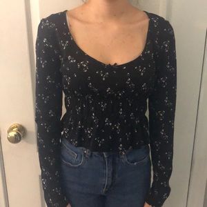 Black Floral Long Sleeve Ruffle Top